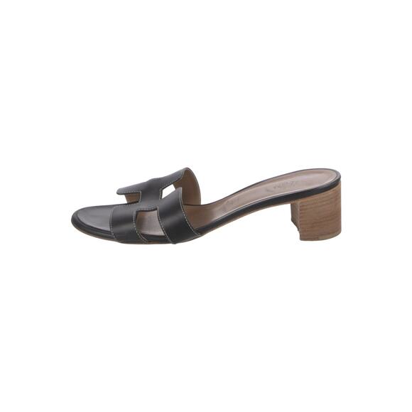 Herm�s �H Logo� Coffee & Black Leather Sandals Size 8 - Picture 1 of 8